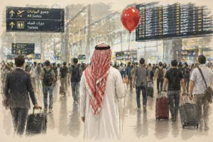 رجل يقف في مطار مزدحم ممسكًا ببالون أحمر بينما يتحرك المسافرون من حوله