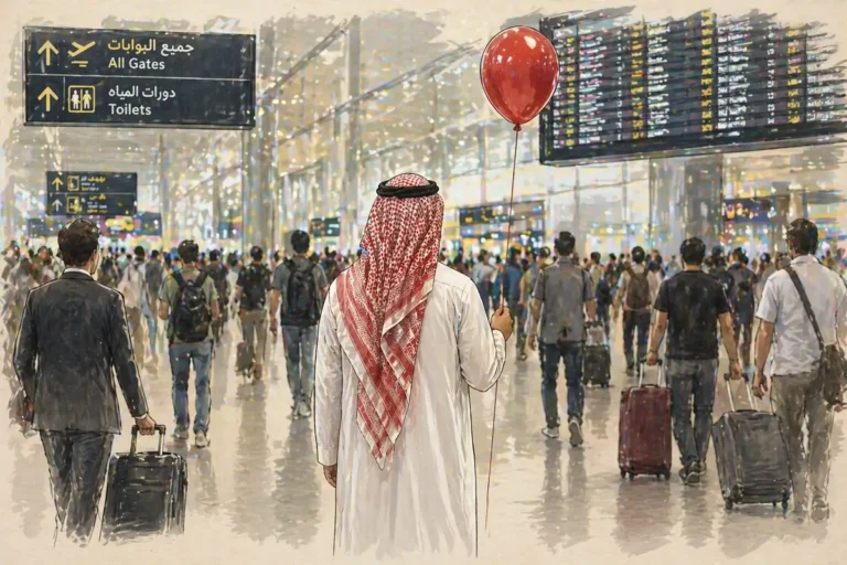 رجل يقف في مطار مزدحم ممسكًا ببالون أحمر بينما يتحرك المسافرون من حوله