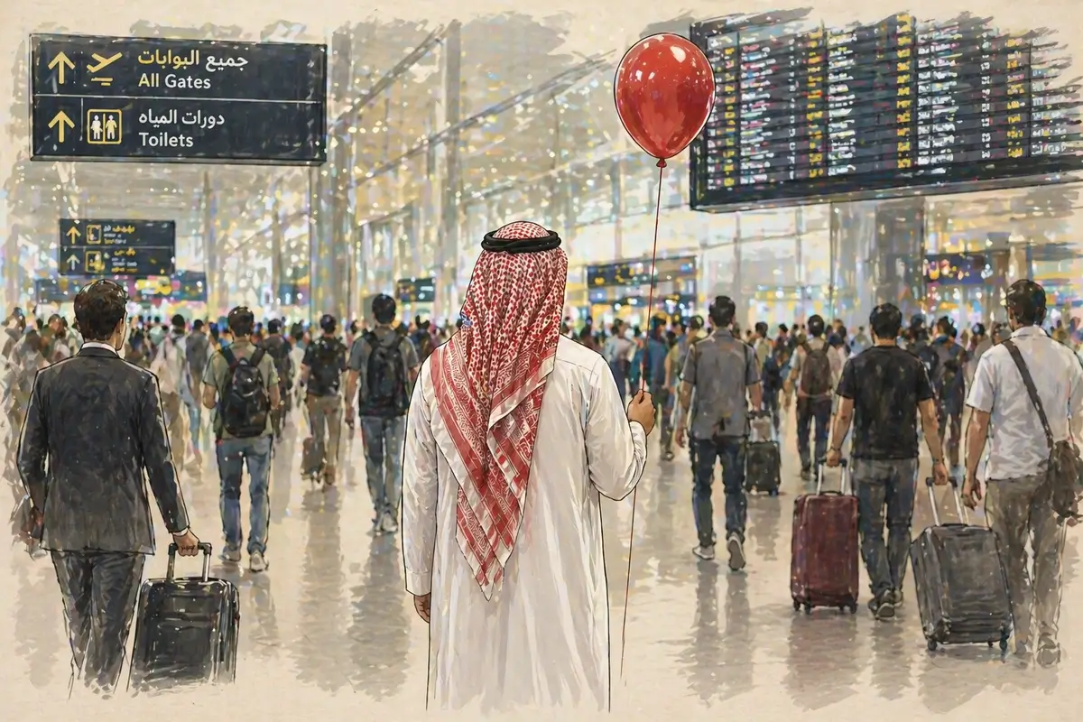 رجل يقف في مطار مزدحم ممسكًا ببالون أحمر بينما يتحرك المسافرون من حوله