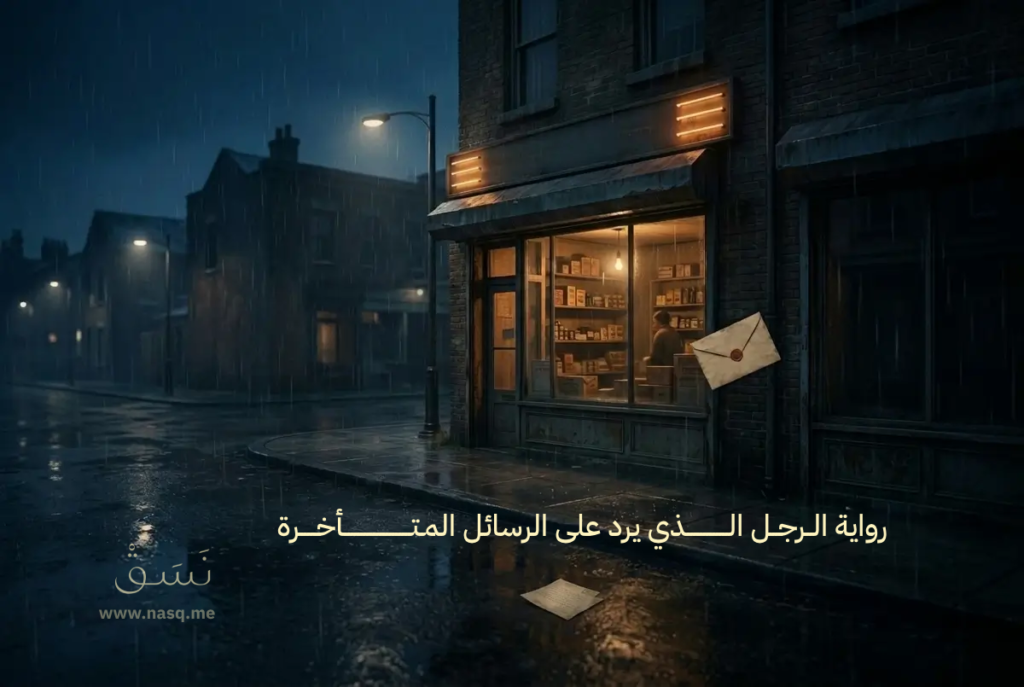 رواية الرجل الذي يرد على الرسائل المتأخرة في ليلة ممطرة، ومتجر صغير مضاء في شارع خالٍ، مع ظرف رسالة قديم يوحي بالحنين والانتظار.