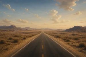 طريق مستقيم طويل يمتد في صحراء واسعة تحت سماء هادئة بأسلوب رسم رقمي شبه واقعي