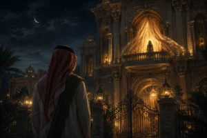 شابٌ يرتدي الزي السعودي يقف أمام قصرٍ فخم ليلاً وينظر إلى شرفةٍ تقف خلف ستائرها فتاةٌ لا تظهر ملامحها