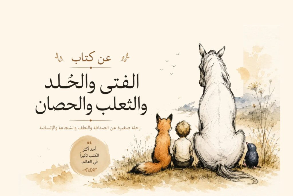 رسم هادئ مستوحى من كتاب الفتى والخلد والثعلب والحصان يظهر الشخصيات جالسة معاً في مشهد دافئ وتأملي