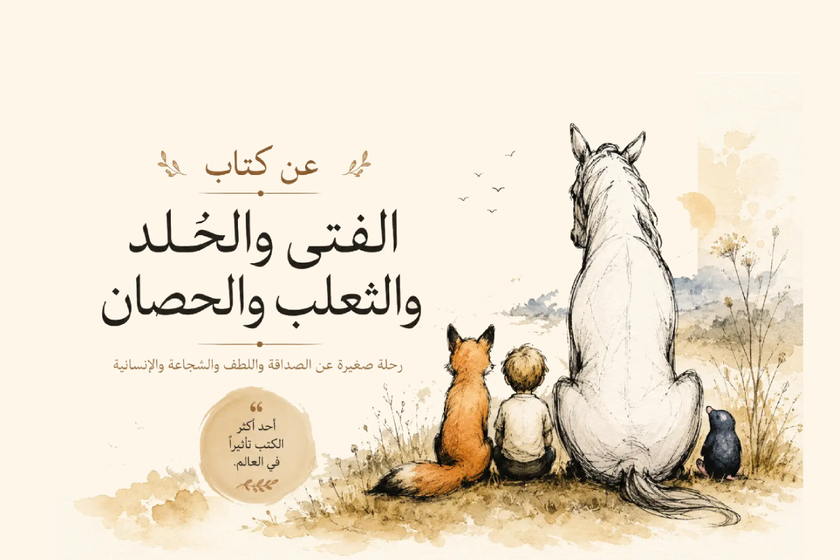 رسم هادئ مستوحى من كتاب الفتى والخلد والثعلب والحصان يظهر الشخصيات جالسة معاً في مشهد دافئ وتأملي